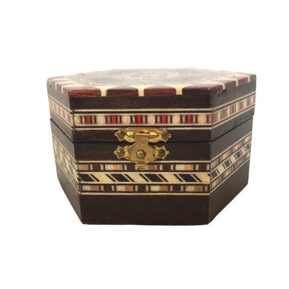 Handcrafted Marketry Inlay Wooden Jewelry Box With Brass Latch Hexagonal - Picture 2 of 9